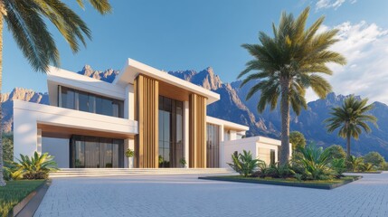 Fototapeta premium Modern villa with large windows, palm trees, and mountains under a clear blue sky