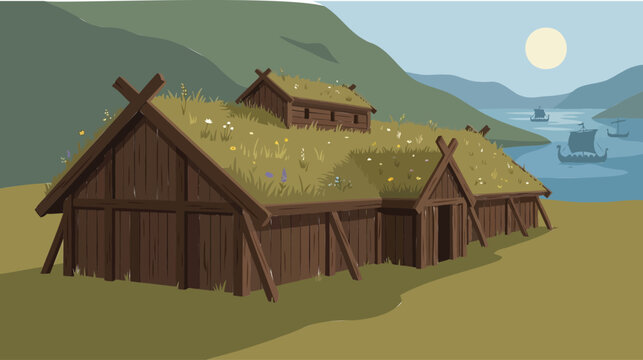 An ancient Nordic longhouse with a green grass roof stands by a fjord, with Viking ships sailing under a serene sky. Historical settlement illustration