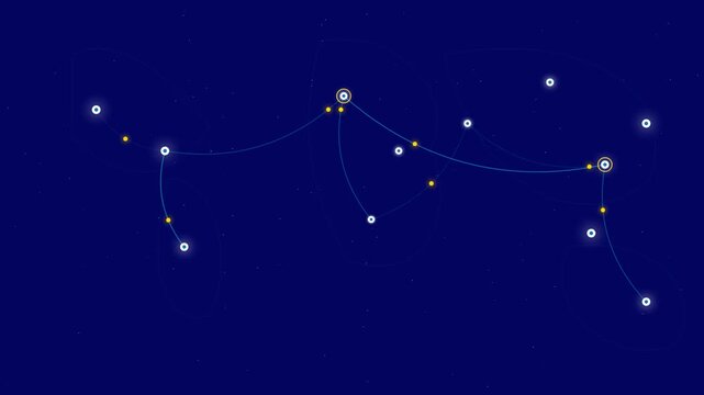Celestial design with interconnected stars forming a cosmic pattern against the deep night sky, illustrating an abstract astronomical chart
