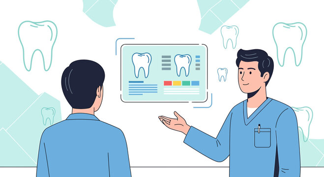 Dentist showing dental scan results to patient on screen, modern dental clinic concept
