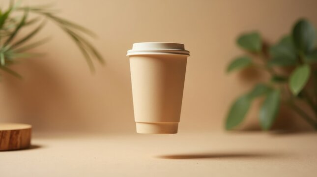 Taza de caf&eacute; reutilizable de fibra de bamb&uacute; flotando en el aire