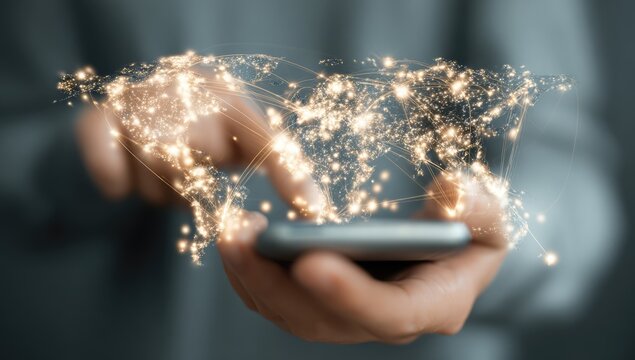 Global Connectivity - Person Using Smartphone with Digital World Map Overlay.