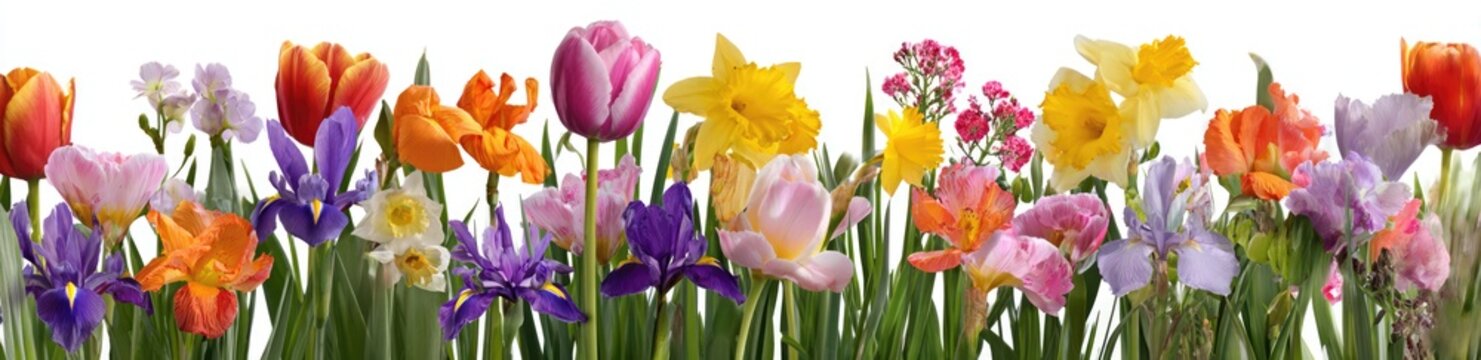 Colorful Spring Flowers in Bloom - Tulips, Daffodils, and Irises.