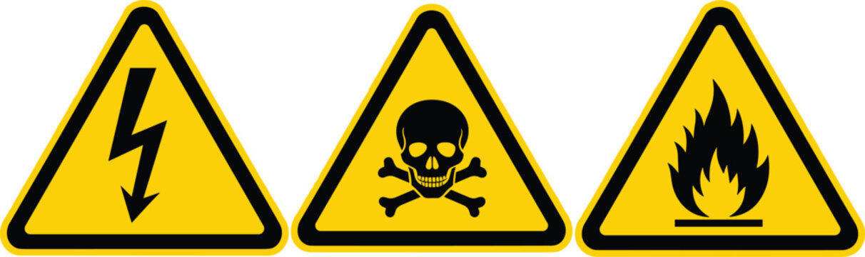 Warning hazard sign icon set flat vector collection for electrical danger toxic risk and fire safety caution symbols