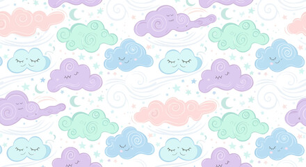 Fototapeta premium Cute Pastel Clouds Seamless Pattern, Kawaii Sky Background for Kids, Baby Shower, Nursery Decor