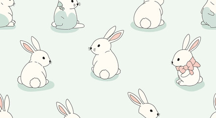 Obraz premium Cute White Bunny Rabbit Pattern, Kawaii Easter Spring Animal Illustration