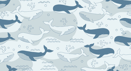 Fototapeta premium Seamless Pattern of Whales and Bubbles in Blue Tones - Cute Marine Life Illustration
