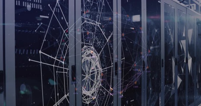 Animation of network of connections and shapes over server room