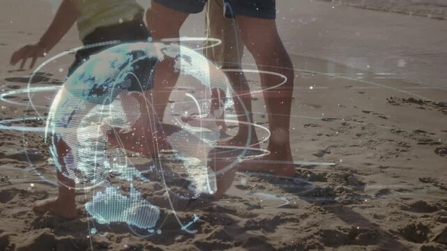 Animation of illuminated spinning globe with swirls against caucasian family at beach
