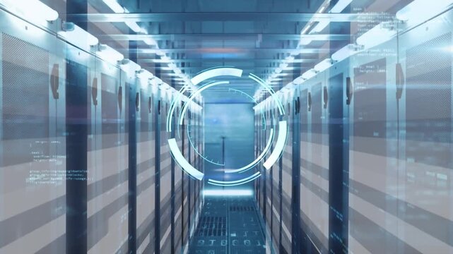 Animation of round scanner and data processing against computer server room