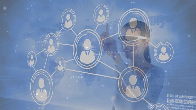 Animation of network of connections with icons over caucasian woman using vr glasses