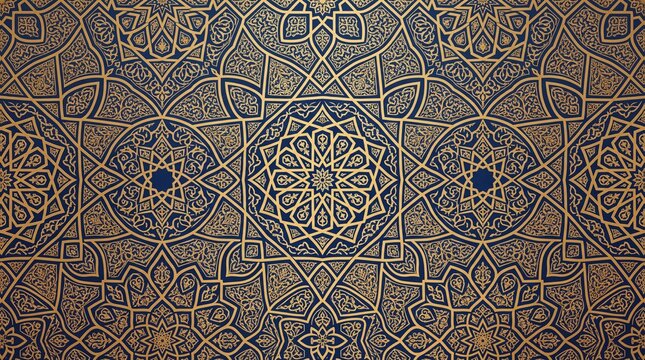 Intricate Arabic geometric pattern with gold floral mandalas.