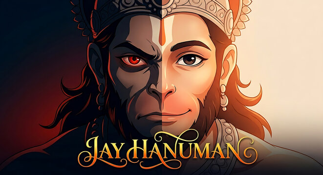 Lord Hanuman Illustration - Dual Face Concept of Calm and Fierce Bajrangbali with Jay Hanuman Text