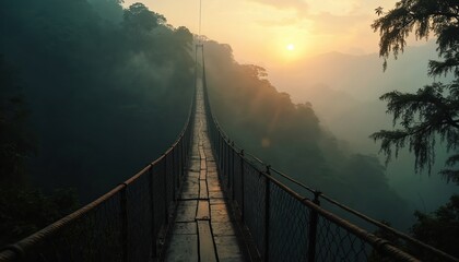 Obraz premium Suspension footbridge spans misty jungle valley at sunrise. Long wooden walkway over green canopy shrouded in fog. Sunrise light gleams on wet planks, creating atmospheric trail.