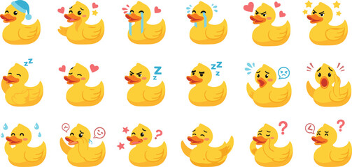 Obraz premium Cute Duck Emoji Cartoon Character Vector Set with Different Facial Expressions Isolated Yellow Bird Mascot Illustration Collection for Stickers Messaging Kids and Social Media Design