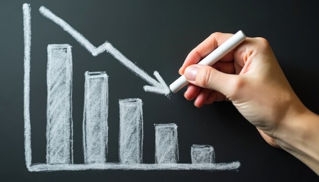 Hand draws bar chart on chalkboard showing downward trend and decreasing graph with chalk. Financial loss and economic recession concept. Negative chart and analysis.