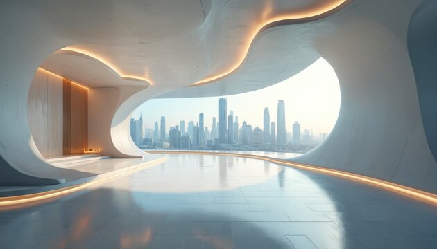 Futuristic interior space with panoramic city skyline view through curved window. Sleek white hall with warm accent lighting. Modern architecture design.