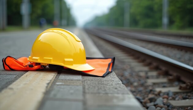 Yellow hard hat and orange safety vest lie on train platform near railway tracks. Protective gear for workers on railroad. Safety equipment at worksite.