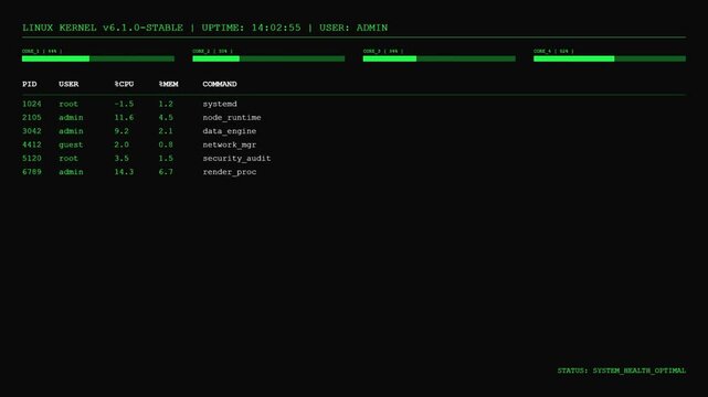 Linux Kernel System Monitor Interface with Process List and CPU Usage Dashboard.