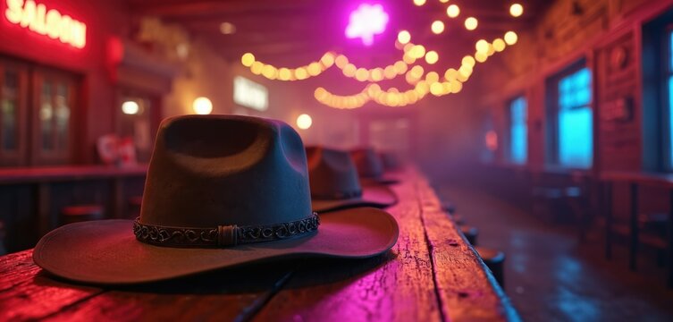 Cowboy hats rest on a bar counter in a neon lit saloon. Wooden swinging doors and string lights create a rustic atmosphere for a western party. This scene evokes frontier nightlife and old west fun.
