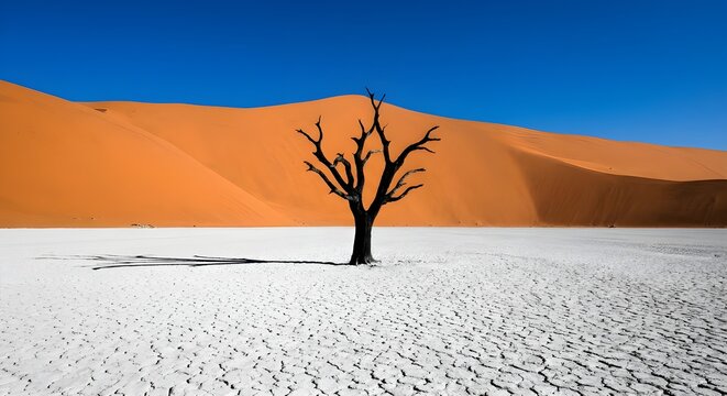 Minimalist Surreal Landscape of Deadvlei Namibia with Dead Tree Silhouette
