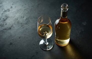Obraz premium Bottle and glass with white wine are on dark textured surface. Studio shot offers excellent copy space for ads. Refreshing drink preparation for event.