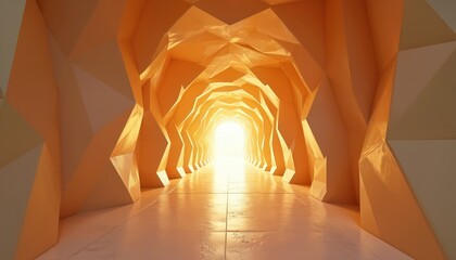 Fototapeta premium Modern geometric corridor with abstract polygonal walls. Light shines from end of tunnel. Minimalist interior design with perspective and symmetry.