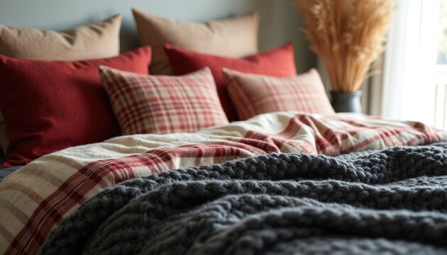 Cozy bed with plaid pillows and warm red beige blankets. Soft flannel sheets create a comfortable, inviting atmosphere. Thick knit throw adds texture and warmth.