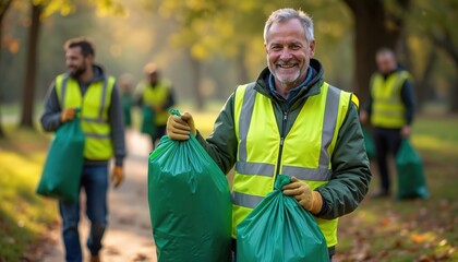 Fototapeta premium Man with gray hair smiles wearing yellow vest holding green bags. People clean park in autumn. Volunteers work together, collecting rubbish for eco initiative. Team supports environment, community.