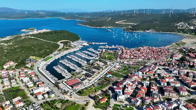 Aerial Drone View of Teos Marina and Sigacik Coastal Town in Izmir, Turkey &ndash; Aegean Sea Harbor and Scenic Village 4K