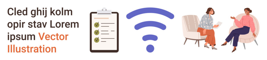 Obraz premium Communication, collaboration, productivity, digital learning, task management, teamwork. Scene shows a wireless icon, checklist clipboard two people discussing. Communication and collaboration idea