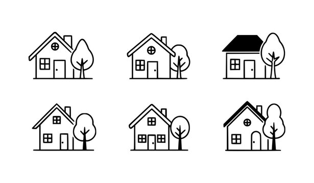 Black White Houses and Trees Icon Collection Residential Vector Illustration