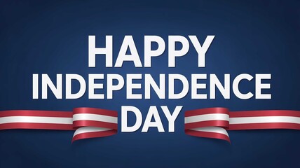 Fototapeta premium Happy Independence Day greeting card with red white and blue ribbon on dark blue background in patriotic festive lighting for holiday celebration