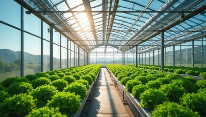 Fototapeta premium Rows of green plants grow in modern greenhouse with glass roof and solar panels. Irrigation system waters crops inside high-tech agricultural structure. Sunlight streams through transparent ceiling.