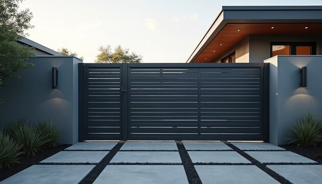 Modern aluminum gate with horizontal slats provides home security. Concrete path leads to entrance of residential property. Exterior features contemporary lighting on grey wall.