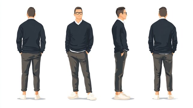 Man in dark blue sweater and gray pants standing in four different poses