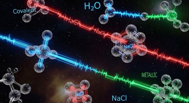 Molecular bonds and chemical interactions visualized with light beams, showcasing covalent and metallic bonding with water and salt molecules
