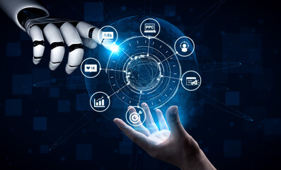 Fototapeta premium Artificial intelligence assisted marketing online enhances digital marketing campaigns, PPC ads, SEO optimization, and social media engagement for effective business growth. Entice