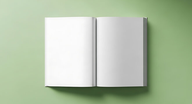 Open blank white book pages on a soft green background with subtle shadow open book blank pages