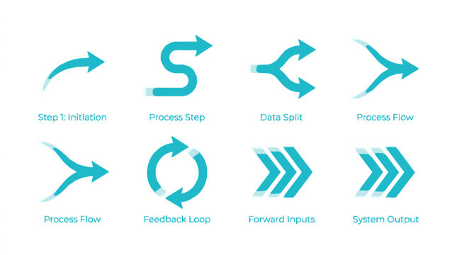 Futuristic flow direction symbols set with smooth curved arrows and loops in teal blue for process diagrams