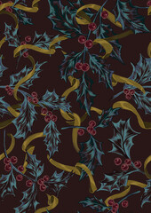 Fototapeta premium Vintage Christmas Holly Pattern - Dark Teal Leaves, Red Berries and Golden Ribbons on Maroon Seamless Background