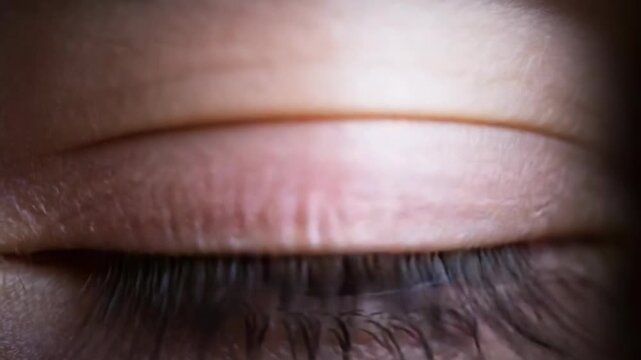 Extreme close up of a closed human eye showing long black eyelashes and detailed skin texture under dramatic lighting