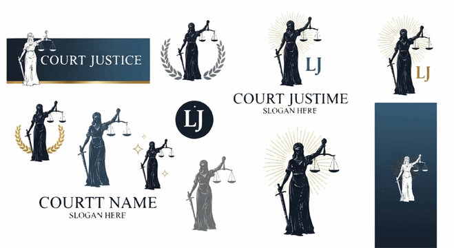 Justice scale and law symbols with lady justice illustrations court logo designs