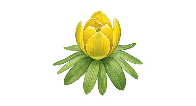 Yellow winter aconite flower bud with green leaves on white background yellow flower