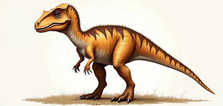 Pachycephalosaurus dinosaur illustration. Orange and brown reptile with stripes stands on grassy ground. Ancient creature from Cretaceous period, perfect for educational content.
