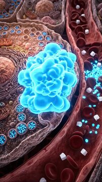 Microscopic 3D Render Pancreatic Beta Cell Releasing Glowing Blue Insulin Granules into Bloodstream with Red Blood Cells & Glucose