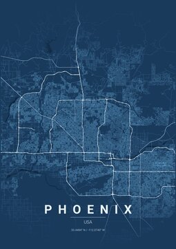 Architectural Phoenix City Map Poster, Blueprint Style Urban Street Grid Illustration