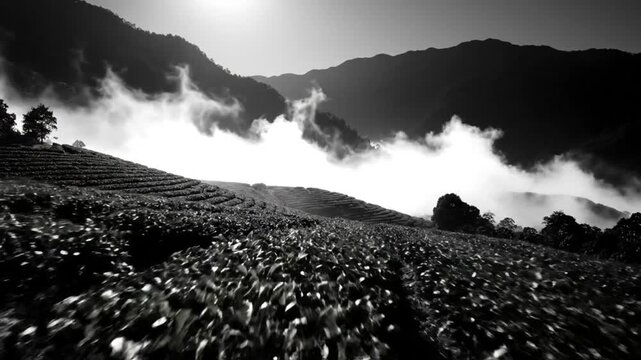 Black and white view of a mountain tea farm with fog rolling between hills, an atmospheric serene landscape