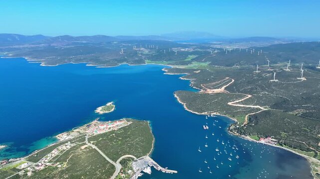 Aerial Drone View of Teos Marina and Sigacik Coastal Town in Izmir, Turkey &ndash; Aegean Sea Harbor and Scenic Village 4K