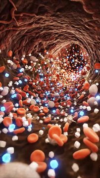 Dynamic microscopic visualization of blood cells and vital components flowing through a human vessel, illustrating complex internal biological processes and health
